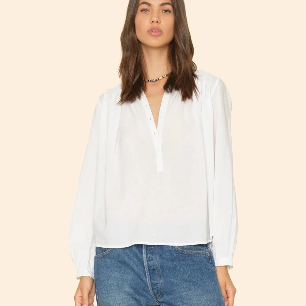 XIRENA White Hennessy Top Small Long Sleeves Oversized Tunic Popover Buttons